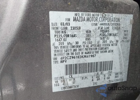 2003 Mazda Tribute Es V6 z USA, uszkodzony, nr VIN 4F2CZ96183KM41987